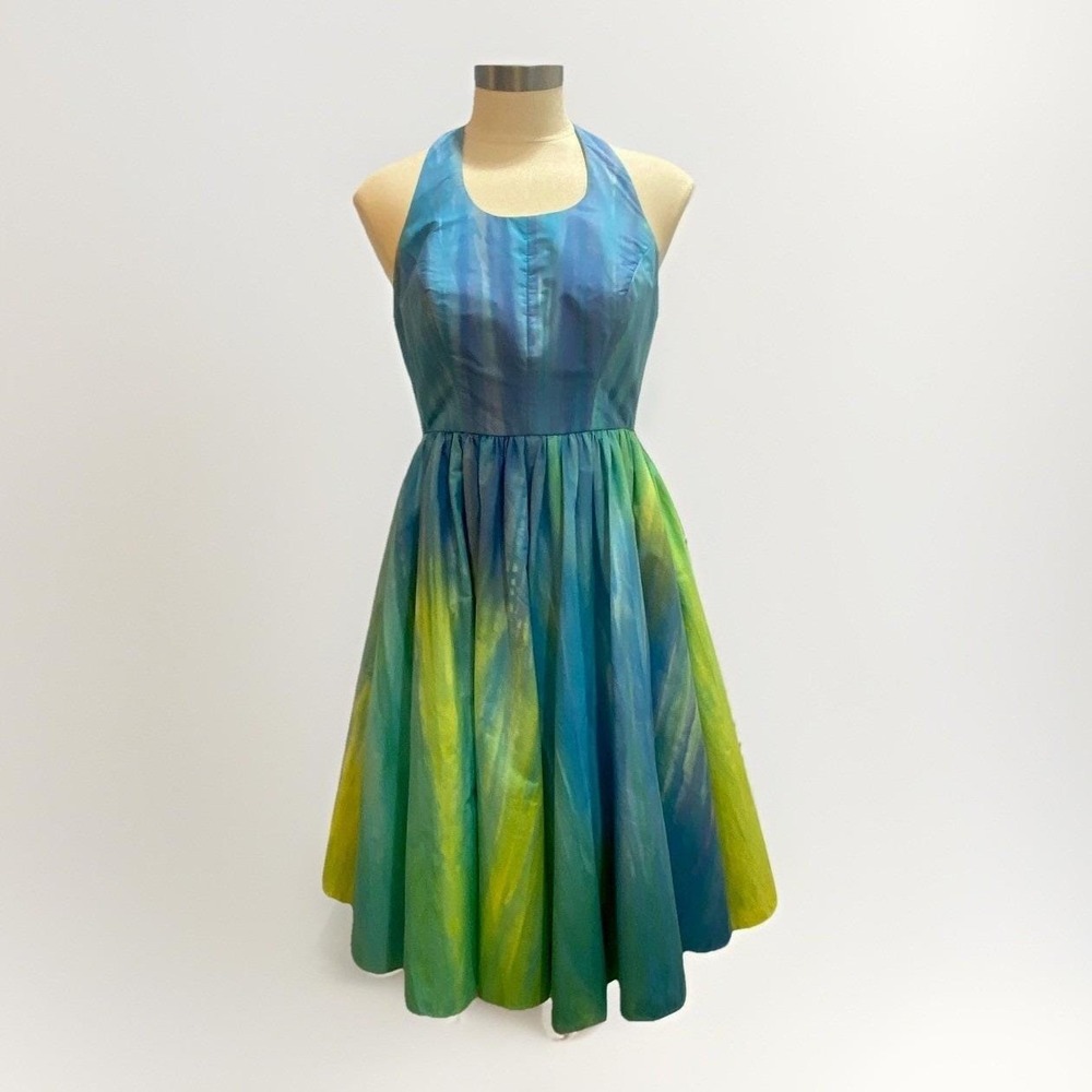 Vintage Handmade Halter Dress Blue Green Watercolor Fit‎ and Flare Fairy Dress 4